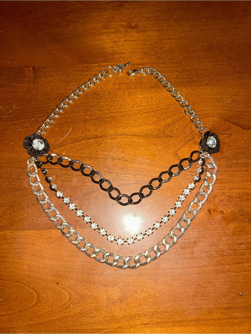 Betsy Johnson Layered Silver and Black Multi-Chain Necklace with Rhinestones